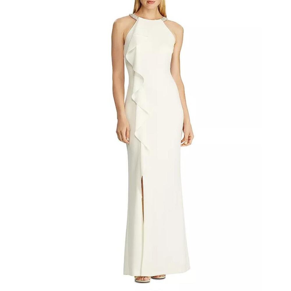 LAUREN RALPH LAUREN Women's Beaded-Strap Crepe Gown Size 16 In Chic Cream